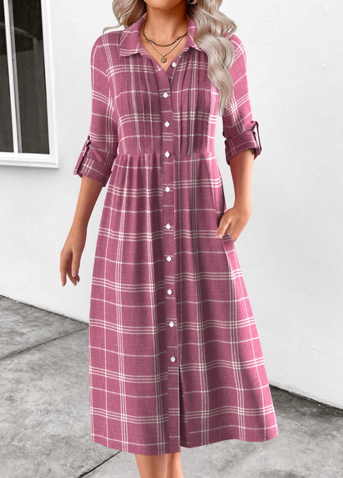 Plaid Button Pink Long Sleeve Shirt Collar Dress