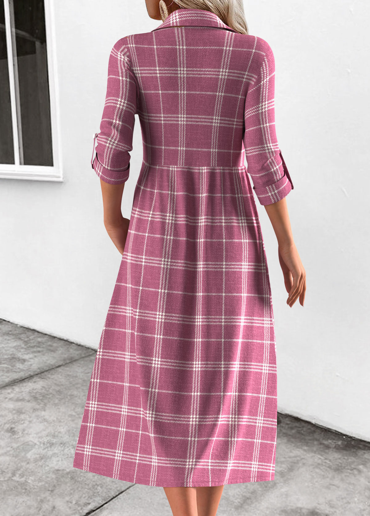 Plaid Button Pink Long Sleeve Shirt Collar Dress