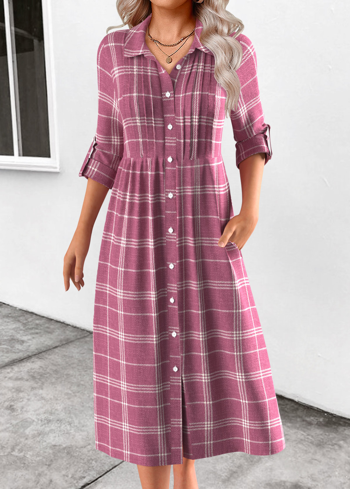 Plaid Button Pink Long Sleeve Shirt Collar Dress