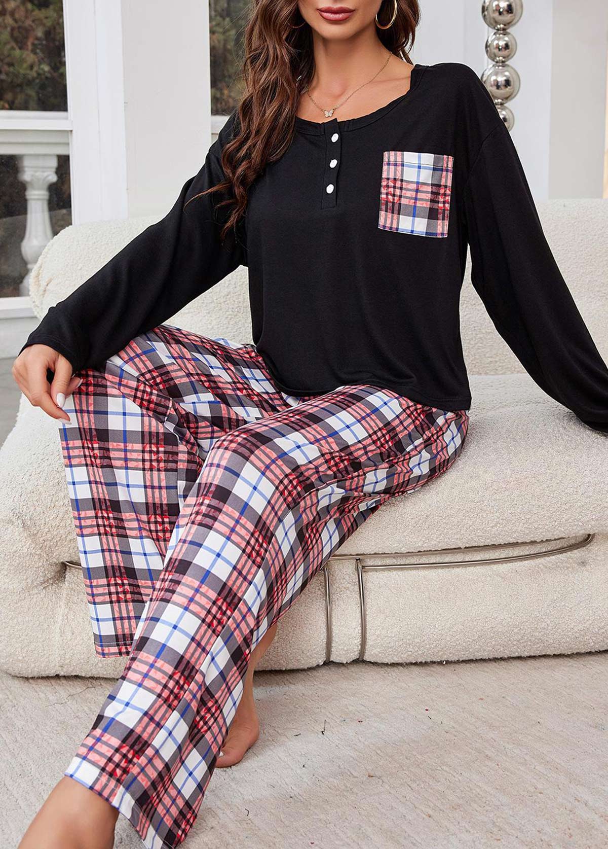 Curved Hem Short Sleeve Top and Plaid Pants Lounge Set