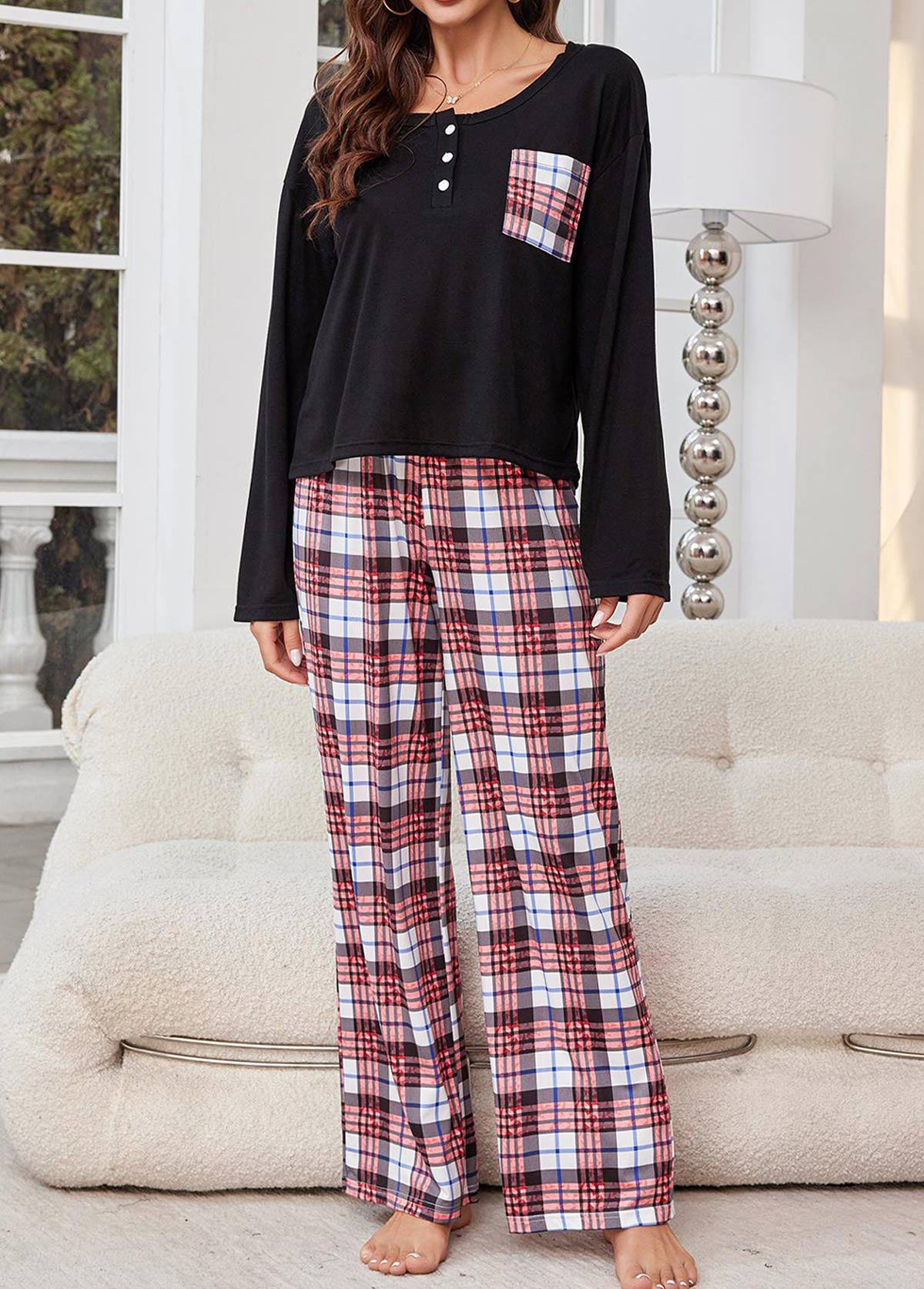 Curved Hem Short Sleeve Top and Plaid Pants Lounge Set main image 0