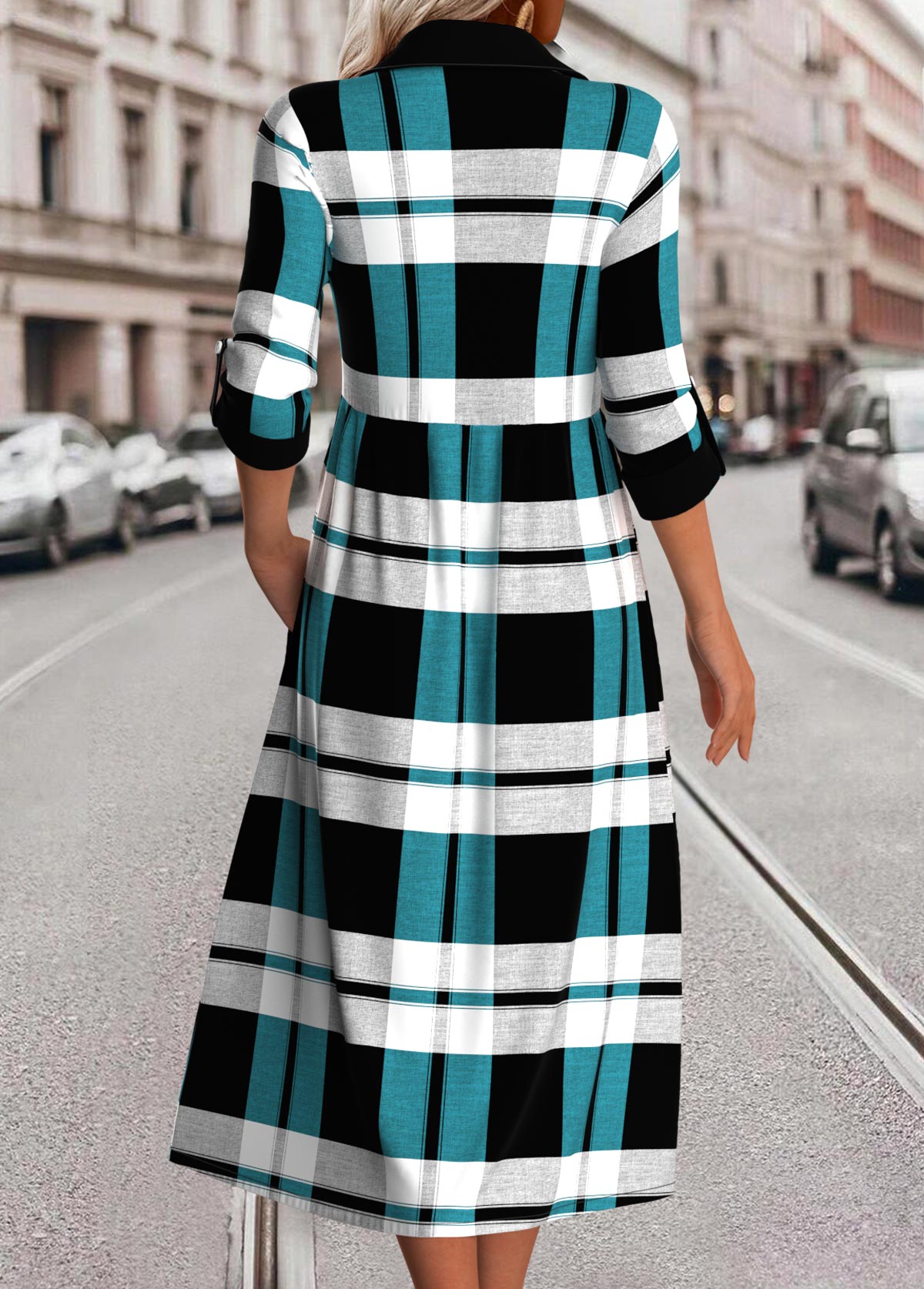 Plaid Print Long Sleeve A-Line Dress
