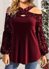 Criss Cross Wine Red Long Sleeve Blouse
