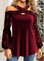 Wine Red Plus Size Sequin Long Sleeve T Shirt