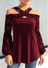 Wine Red Plus Size Sequin Long Sleeve T Shirt