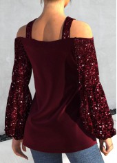 Wine Red Plus Size Sequin Long Sleeve T Shirt