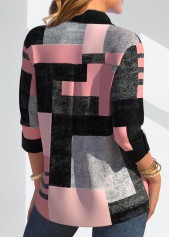Geometric Print Button Pink Three Quarter Length Sleeve Blouse