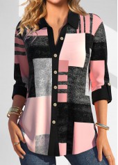 Geometric Print Button Pink Three Quarter Length Sleeve Blouse