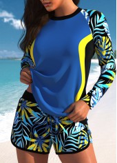 Tropical Plants Print Contrast Binding Dusty Blue Tankini Set