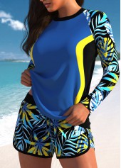 Tropical Plants Print Contrast Binding Dusty Blue Tankini Set