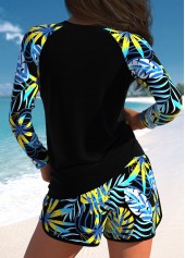 Tropical Plants Print Contrast Binding Dusty Blue Tankini Set