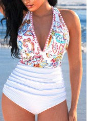 Paisley Print Patchwork White One Piece Swimwear