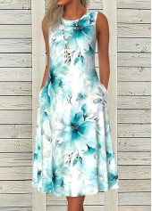 Plus Size Floral Print Tummy Coverage Blue Sleeveless Dress