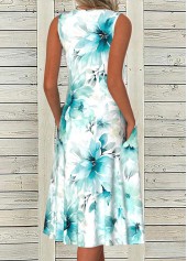 Plus Size Floral Print Tummy Coverage Blue Sleeveless Dress
