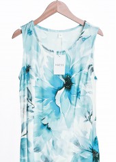 Plus Size Floral Print Tummy Coverage Blue Sleeveless Dress