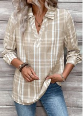 Plaid Button Light Coffee Long Sleeve Shirt Collar Blouse
