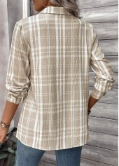 Plaid Button Light Coffee Long Sleeve Shirt Collar Blouse