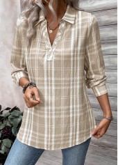 Plaid Button Light Coffee Long Sleeve Shirt Collar Blouse