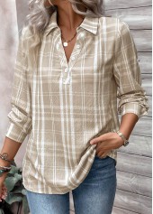 Plaid Button Light Coffee Long Sleeve Shirt Collar Blouse