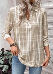 Plaid Button Light Coffee Long Sleeve Shirt Collar Blouse