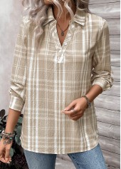 Plaid Button Light Coffee Long Sleeve Shirt Collar Blouse