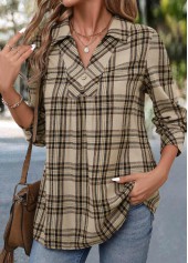 Plaid Button Light Coffee Long Sleeve Shirt
