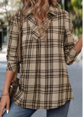 Plaid Button Light Coffee Long Sleeve Shirt