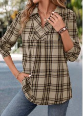 Plaid Button Light Coffee Long Sleeve Shirt