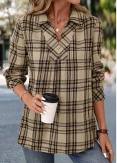 Plaid Button Light Coffee Long Sleeve Shirt