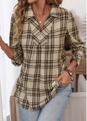 Plaid Button Light Coffee Long Sleeve Shirt