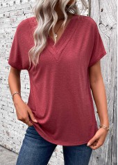 Patchwork Brick Red Short Sleeve V Neck T Shirt