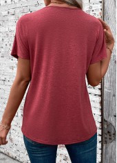 Patchwork Brick Red Short Sleeve V Neck T Shirt