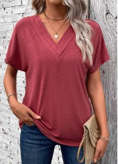 Patchwork Brick Red Short Sleeve V Neck T Shirt