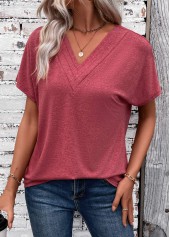 Patchwork Brick Red Short Sleeve V Neck T Shirt