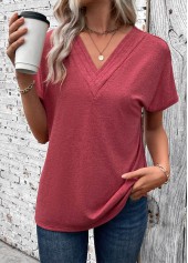 Patchwork Brick Red Short Sleeve V Neck T Shirt