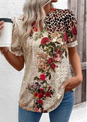 Floral Print Cut Out Beige Short Sleeve T Shirt