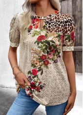 Floral Print Cut Out Beige Short Sleeve T Shirt