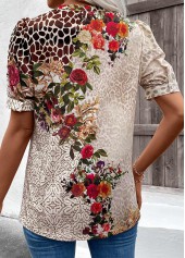 Floral Print Cut Out Beige Short Sleeve T Shirt