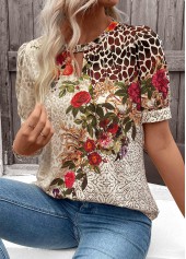 Floral Print Cut Out Beige Short Sleeve T Shirt