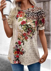 Floral Print Cut Out Beige Short Sleeve T Shirt