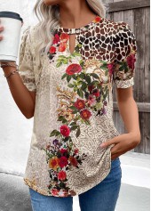 Floral Print Cut Out Beige Short Sleeve T Shirt