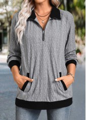 Zipper Grey Long Sleeve Shirt Collar Sweatshirt