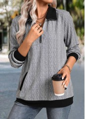 Zipper Grey Long Sleeve Shirt Collar Sweatshirt
