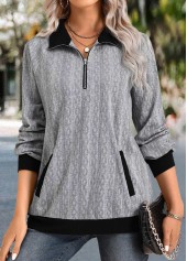Zipper Grey Long Sleeve Shirt Collar Sweatshirt