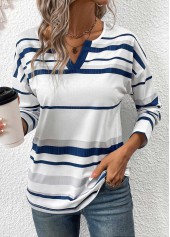 Plus Size White Patchwork Striped Long Sleeve T Shirt