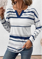 Plus Size White Patchwork Striped Long Sleeve T Shirt