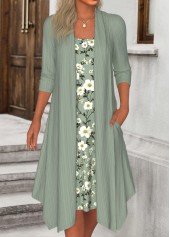 Floral Print Tummy Coverage Sage Green Long Sleeve Dress