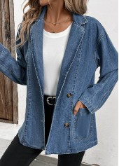 Patchwork Denim Blue Long Sleeve Lapel Coat