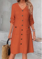 Button Terracotta A Line Long Sleeve V Neck Dress