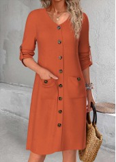 Button Terracotta A Line Long Sleeve V Neck Dress